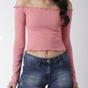 Off-Shoulder Pink Top Peplum Hem Coral Colour long Sleeve